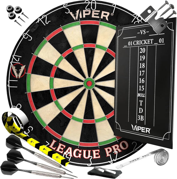2025 Viper League Pro Regulation Bristle Steel Tip Dartboard Starter Set with Staple-Free Bullseye, Radial Spider Wire, High-Grade Sisal with Rotating Number Ring, Chalk Cricket Scoreboard, Steel Tip Darts