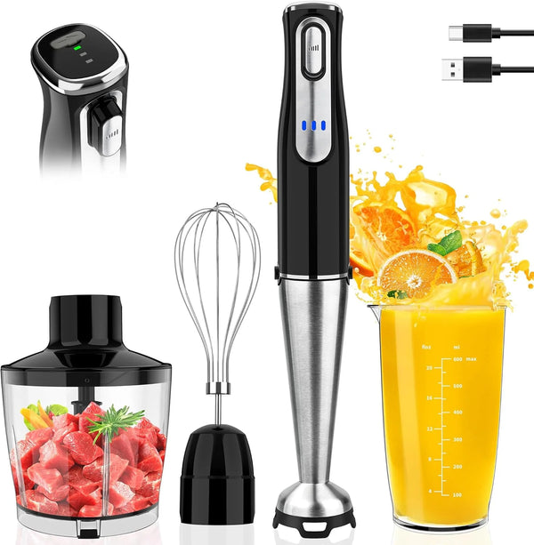 2025 Cordless Immersion Blender Handheld, Rechargeable 4 In 1 Electric Hand Blender Stick Blender Variable Speed with Chopper, Beaker, Whisk, Stainless Steel Blade for Soup, Baby Food, Smoothies