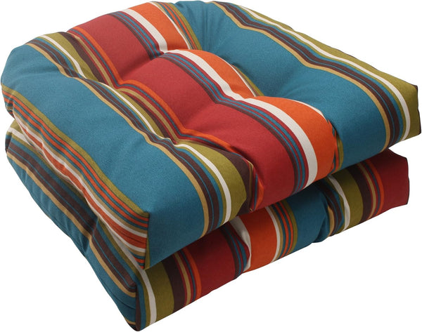 2025 Pillow Perfect Stripe Indoor/Outdoor Chair Seat Cushion, Tufted, Weather, and Fade Resistant, 19" x 19", Red/Brown Westport, 2 Count