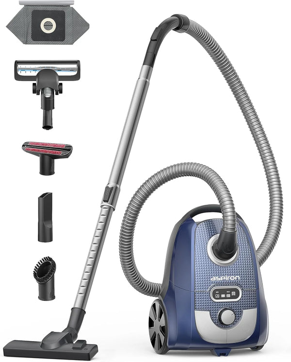 2025 Aspiron Bagged Canister Vacuum, Canister Vacuum Cleaner, 3.5L, H13 HEPA Filter, 5 Cleaning Tools, Pet-Friendly Vacuum Cleaner for Carpets, Hardwood Floors, Stairs, Pet Hair, Household, Blue