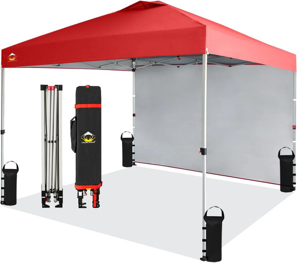 2025 SHADES 10x10 Pop Up Canopy with 1 Side Wall - Beach Tent with One Push Setup - Outdoor Sun Shade for Events, Parties, Camping - Gazebo with STO-N-Go Cover Bag (Red)