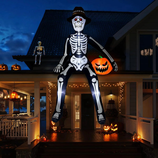 2025 OurWarm 10ft Halloween Inflatable Outdoor Decoration, Giant Sitting Skeleton Inflatable Halloween Decorations with Build-in LEDs, Halloween Blow Up Yard Decorations for Roof Balcony Lawn Garden
