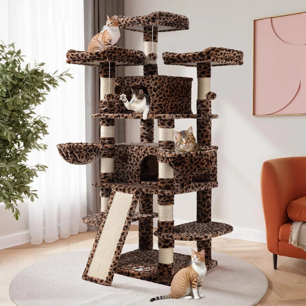2025 68 Inches Multi-Level Large Cat Tree for Large Kitties/Big Cat Tower with Condo/Cozy Plush ‌Pussycat Perches/Sisal Scratching Posts and Hammocks/Activity Center/Leopard Print