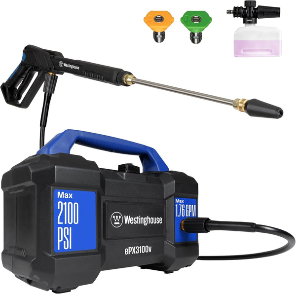 2025 Westinghouse ePX3100v Electric Pressure Washer, 2100 Max PSI 1.76 Max GPM, Built-in Carry Handle, Detachable Foam Cannon, Pro-Style Steel Wand, 3-Nozzle Set, for Cars/Fences/Driveways/Home/Patios