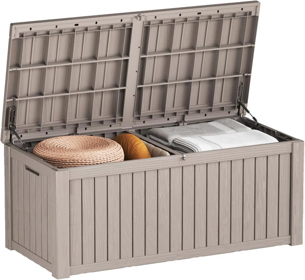 2025 150 Gallon Outdoor Storage Cabinet, Large Outdoor Storage Box for Patio Furniture Covers, Cushion Pillows, Waterproof Deck Box with Lockable Lid for Garden Tools, Pool Accessories, Taupe