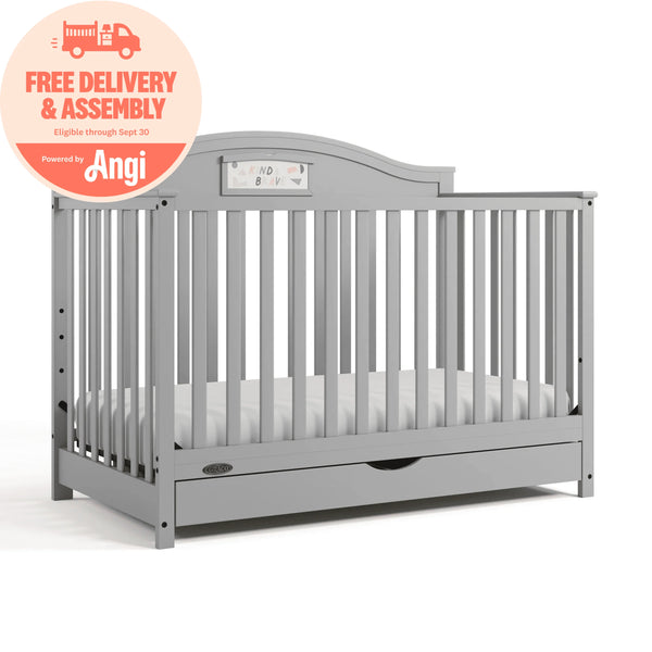 2025 Story 5-in-1 Convertible Baby Crib with Drawer and Reversible Headboard, Pebble Gray