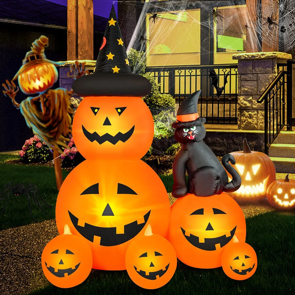2025 6 FT Halloween Inflatable Decorations Spooky Ghost Pumpkin Lighted and Witch's Cat, Halloween Decorations Outdoor Inflatables Pumpkin Combo with Build-in LED Blow Up Inflatables for Yard Garden