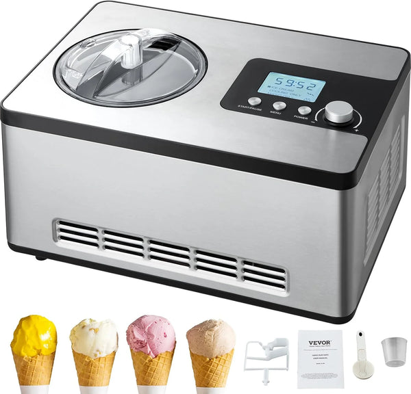 2025 Automatic Ice Cream Maker with Built-in Compressor, 2 Quart No Pre-freezing Fruit Yogurt Machine, Stainless Steel Electric Sorbet Maker, 3 Modes Gelato Maker with LCD Display & Timer, Silver