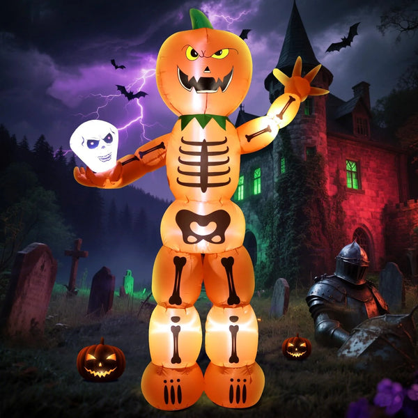 2025 DomKom Halloween Inflatable Blow Up Decorations, 8FT Giant Skeleton Stacked Pumpkin Man Holding Skull, Built-in LEDs for Holiday Party, Garden, Lawn, Yard, Patio Décor
