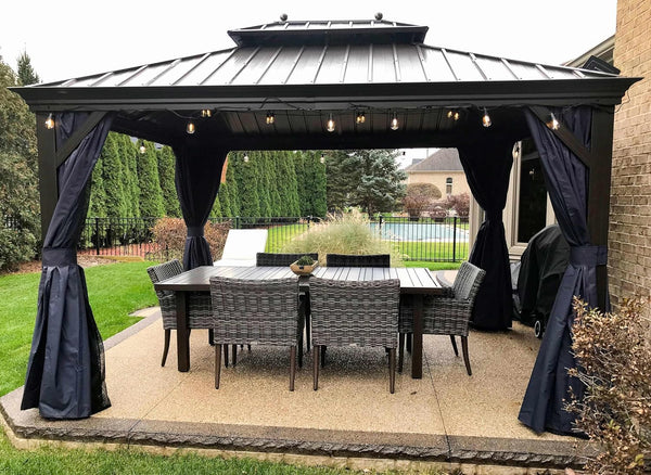 2025 10' X 12' Hardtop Gazebo Canopy with Netting and Curtains for Outdoor Deck Backyard Heavy Duty Sunshade Outside Metal Patio Permanent Pavilion