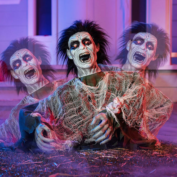 2025 Halloween Outdoor Decoration Zombie Groundbreaker, Animatronics Zombie Props Halloween Outside Decor, Animated Groundbreaker with Sound & Glowing Eyes for Graveyard Lawn Yard Haunted House Decor