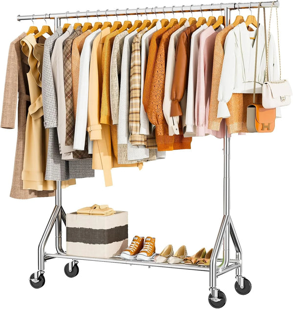 2025 Heavy Duty Clothes Rack Load 450 LBS, Metal Garment Rack, Standing Rolling Clothing Rack for Hanging Clothes with Sturdy Wheels & Shelves, Portable Closet Wardrobe Rack,Sliver
