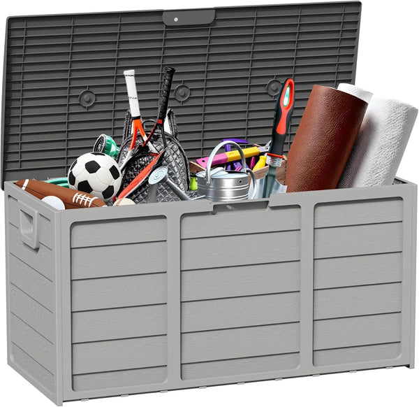 2025 75 Gallon Outdoor Deck Box - Durable Resin Storage with Lockable Lid, for Patio Furniture Cushions, Pillows (Grey)