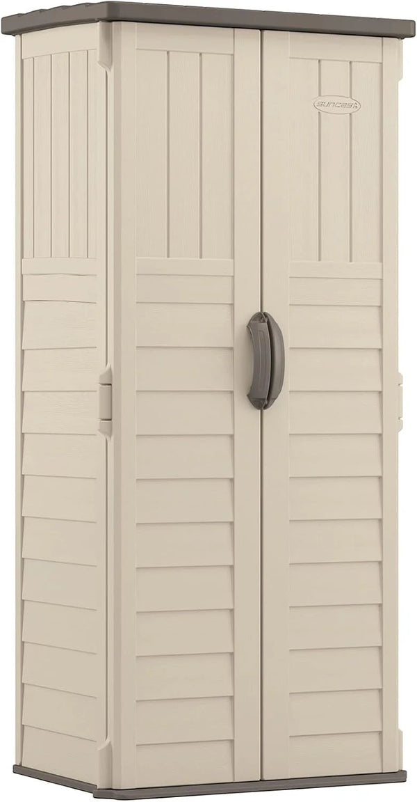 2025 Suncast Vertical Outdoor Storage Shed with Reinforced Floor, Lockable Double Doors, All-Weather Construction, and Multi-Wall Panels, Vanilla, Made in the USA