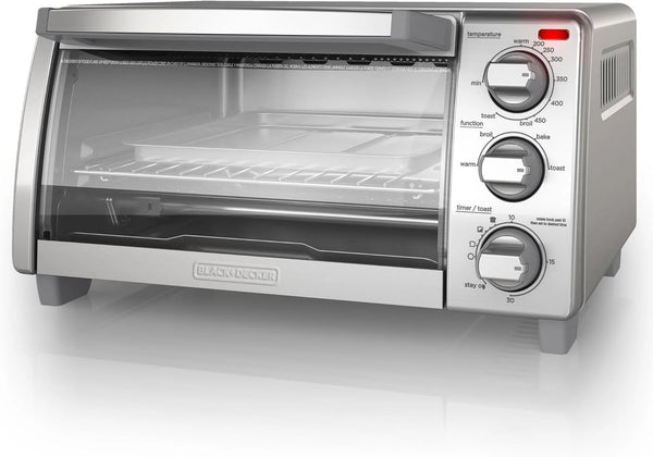 2025 BLACK+DECKER 4-Slice Toaster Oven, TO1745SSG-1A, Even Toast, 4 Cooking Functions Bake, Broil, Toast and Keep Warm, Removable Crumb Tray, Timer