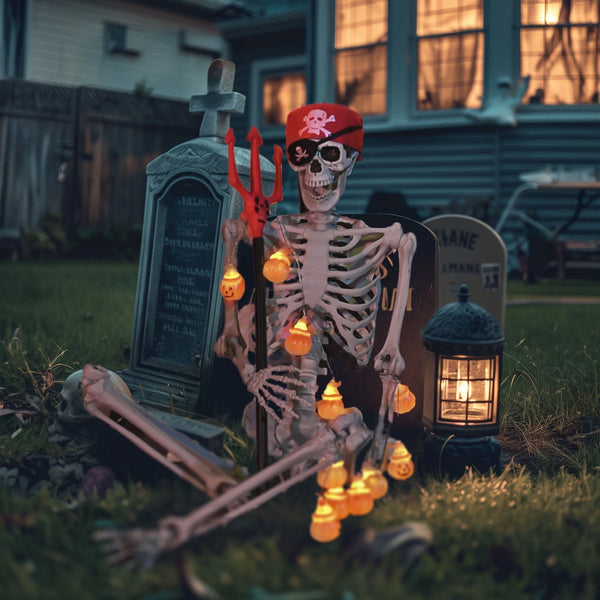 2025 Yescom Pirate Life Size Skeleton Poseable with Halloween Lights, Full Size Skeleton Human 5.4 Ft for Party Decorations Patio Garden Haunted House Props 2025