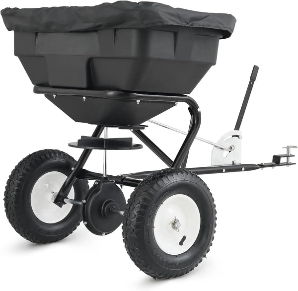 2025 125 lb Tow-Behind Broadcast Spreader for Fertilizer, Grass Seed, Salt & Ice Melt, Heavy Duty Lawn, Garden & Farm Seeder with Rain Cover, Durable Design for Large Fields & Uneven Terrain