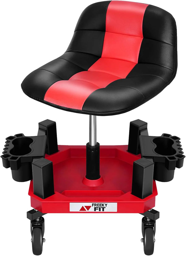 2025 Rolling Shop Stool with Wheels, Adjustable Garage Mechanic Stool Seat Shop Roller Work Chair Mobile Rolling Seat with Tool Tray, 2 Cup Holders, 4" Casters, 350 LBS, Heavy-Duty, Red