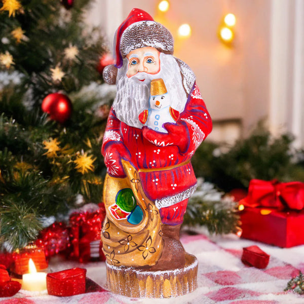 2025 Hand Carved Santa Figurine Holding Snowman â€?Painted Wooden Christmas Decor