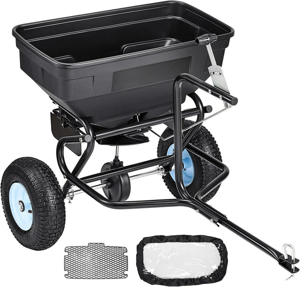 2025 VEVOR Tow Behind Broadcast Spreader, 130LBS Capacity, Tow-Behind Lawn Spreader with 13 in Tires, 30 Adjustable Setting & 9.8 ft Spreading Width, Lawn Spreaders for Seed, Fertilizer, Salt, Ice Melt