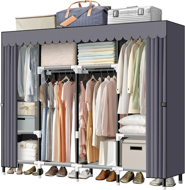 2025 Portable Closet, 67 Inch Wardrobe Closet for Hanging Clothes with 4 Hanging Rods, 25mm Steel Tube Clothes Storage Organizer for Extra Sturdy, Quick and Easy to Assembly, Gray Cover