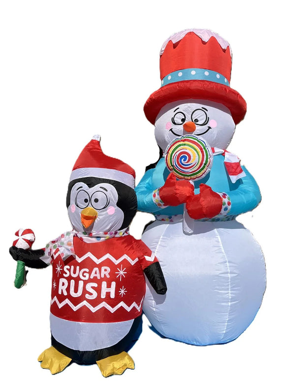 2025 6 ft. LED Animated Shiverning Snowman and Penguin on Sugar Rush Inflatable