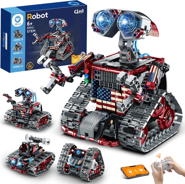 2025 Sillbird Robot Building Kit with Remote Control Gifts for Kids Boys Ages 8-12, STEM Coding Robotic Technic Tracked Racer Car Toys for Birthday - Build 4in1 Model with 631 Pieces