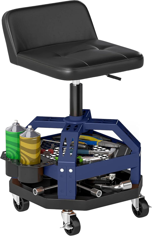 2025 Rolling Mechanic Stool, 31.7"-36.4" Height Adjustable Pneumatic Creeper Garage Stool with Dual Storage Trays, 360¡ã Wheels, 300 LBS Capacity, Heavy Duty Roller Seat Padded Shop Chair, Blue
