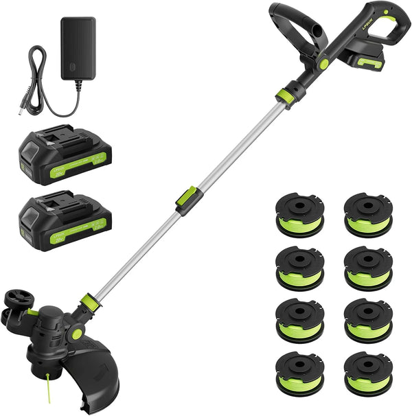 2025 20V Cordless String Trimmer, Two 2.0Ah Battery Powered with Fast Charger, 12'' Grass Cutter with Auto Line Feed, 2-in-1 Electric Lawn Mower Grass Trimmer&Edger Lawn Tool with 8 Lines for Yard, Garden