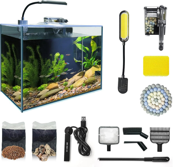 2025 Small Aquarium Starter Kit, 2.6 Gallon Glass Betta Fish Tank with Heater Self Cleaning System Efficiency Filter Bright Light Rocks Gravel Cleaning Tool Set, Leak-Proof Ultra-Clear Rimless Desktop Tank