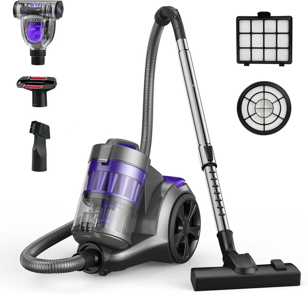 2025 Aspiron 1700W Canister Vacuum Cleaner, 32Kpa Bagless Vacuum Cleaner, Multi-Cyclonic Filtration, 2 Anti-Allergen HEPA Filters, 3.5QT Dust Cup, 4 Tools, Corded Vacuum for Hard Floor, Pet Hair, Violet