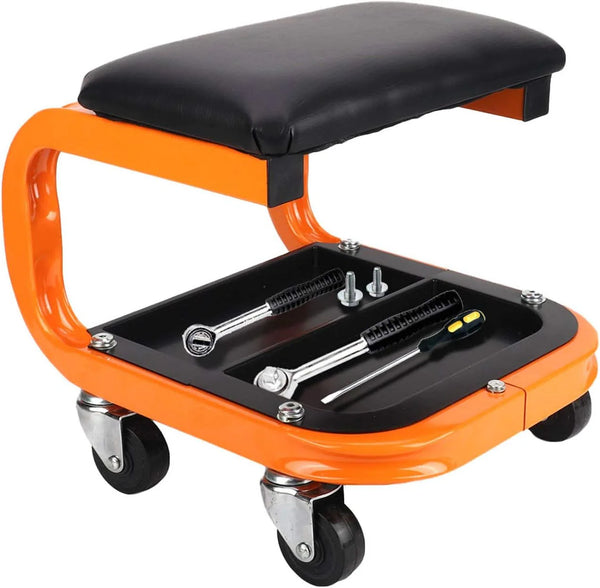 2025 Heavy Duty Rolling Shop Stool, Mechanics Chair with Wheels, 400LBS Capacity Rolling Stool for Garage with Casters, Mechanics Roller Seat with Segmented Tool Tray and Comfortable Leather Cushion