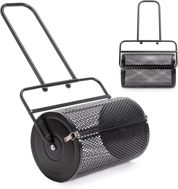 2025 Compost Spreader and Peat Moss Spreader, 24" Push/Tow-Behind Roller Lawn Spreader with Steel Mesh Basket Garden Spreader for Spreading Manure Mulch Topsoil