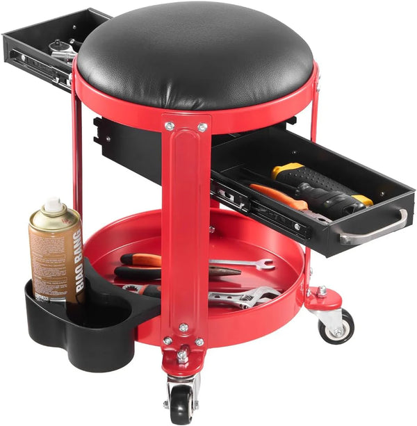 2025 Rolling Mechanic Stool with Wheels, 300 lbs Capacity Garage Seat/Work Stool, Padded Roller Creeper Seat with Fixed Height, Tool Tray and 2 Drawers, for Garage, Shop & Auto Repair, Red+Black