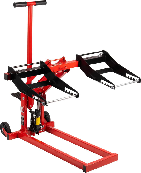 2025 300lb Capacity, Adjustable Riding Lift Jack Heavy Duty Construction with Safety Lock, Non-Slip Wheels&Handle for Tractors, Atvs and Zero Turn Lawn Mowers