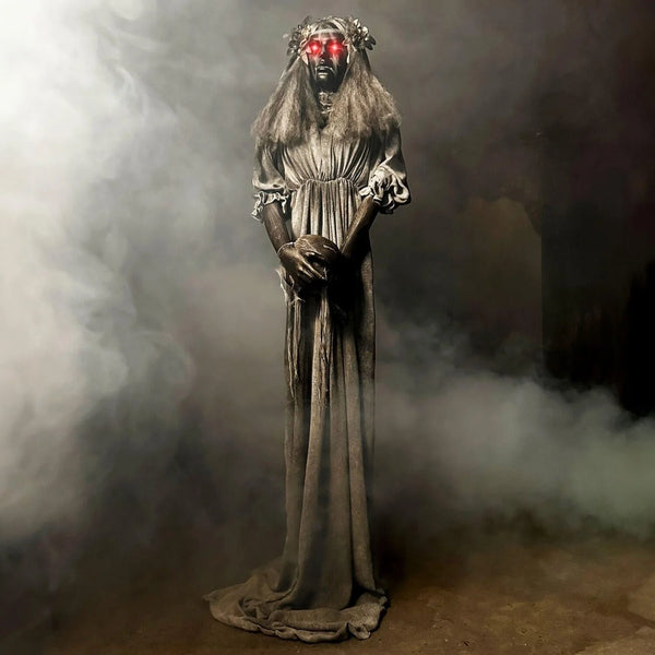 2025 Haunted Hill Farm Lifesize Lady Statue with Lights and Sound Indoor/Covered Outdoor Halloween Decoration Multi Color Plastic Polyester Resin
