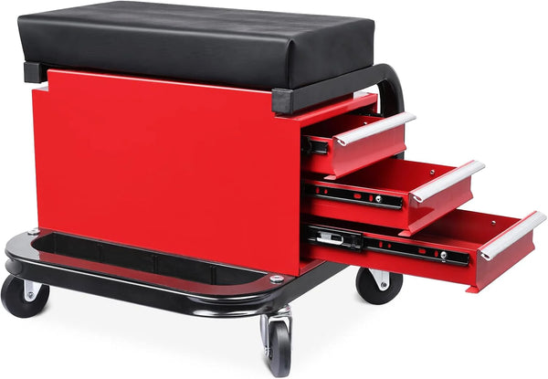 2025 Toolly Mechanic Stool with Wheels, Padded Creeper Seat with 3 Drawers and Cupholder, Rolling Shop Stool Tool Box Chair for Garage and Workshop, 300 Lbs Capacity