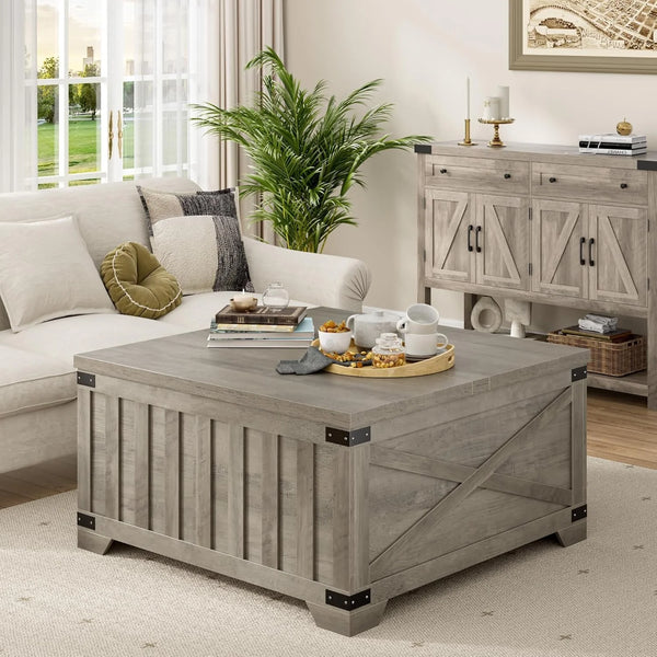 2025 Farmhouse Coffee Table with Storage, 35.4" Square Center Table with Hinged Lift