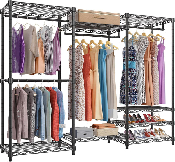 2025 V5 Portable Closet Wardrobe Heavy Duty Clothes Rack, Freestanding Clothing Rack with 4 Hang Rods & 8 Shelves, Adjustable Closet Racks, 68.9" L x 15.7" W x 76.4" H, Max Load 890LBS, Black