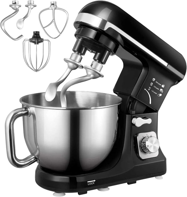 2025 Stand Mixer Fohere, with Double Dough Hook, Wire Whip & Beater, 6+ P Speed Tilt-Head Food Mixer, Pouring Shield for Home Cooking, Dishwasher Safe Stainless Steel Bowl with Handle (Black)