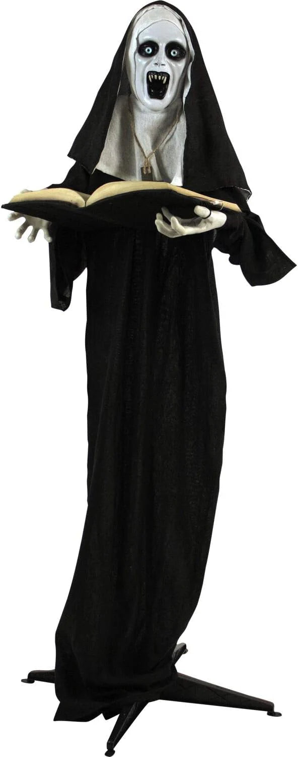 2025 Haunted Hill Farm Life-Size Scary Talking Witch Nun Halloween Animatronic with Touch Activated Lights and Sound, Poseable, Battery Operated Indoor or Covered Outdoor Creepy Halloween Decorations