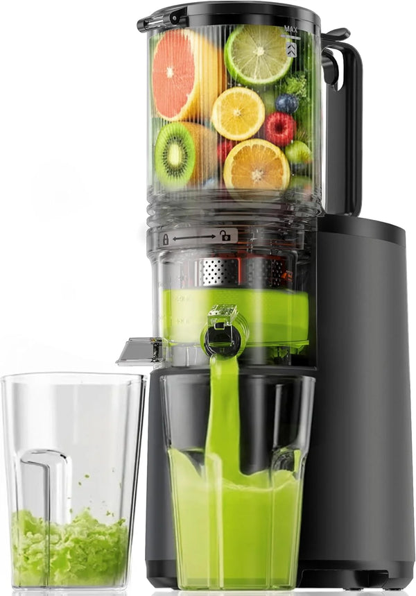 2025 Cold Press Juicer, EUHOMY 5.5" Extra Large Feed Chute Slow Masticating Juicer, 250W Juicer Machines, 99.6% High Juice Yield, Easy to clean, Reverse Function, for Whole Vegetables & Fruits. Black