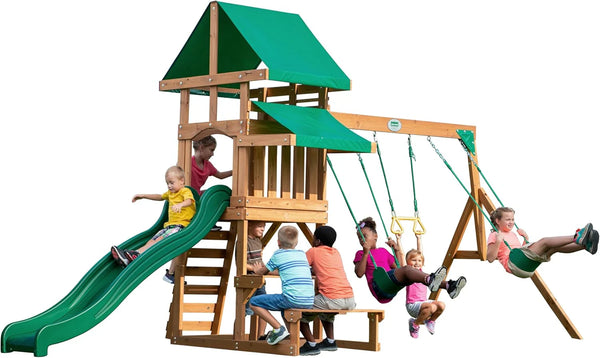 2025 Backyard Discovery Belmont Cedar Wood Swing Set with Wave Slide, Play Deck, Rock Wall Ladder, Snack Bar Window, Shaded Picnic Area, Bench, Belt Swings, Trapeze, Sandbox Area, Canopy, Outdoor Playset