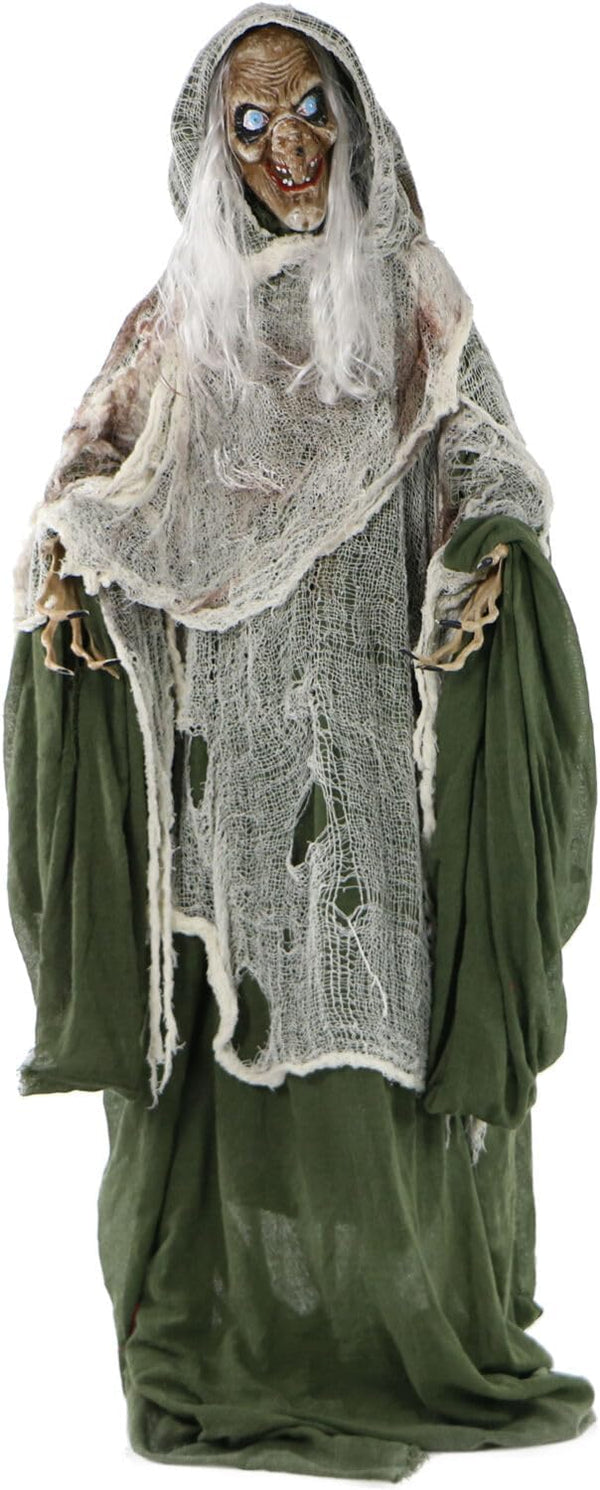 2025 Haunted Hill Farm Life-Size Scary Talking Witch, Animatronic with Touch Activated Lights and Sound, Battery Operated Indoor or Covered Outdoor Decoration, Creepy Halloween Prop