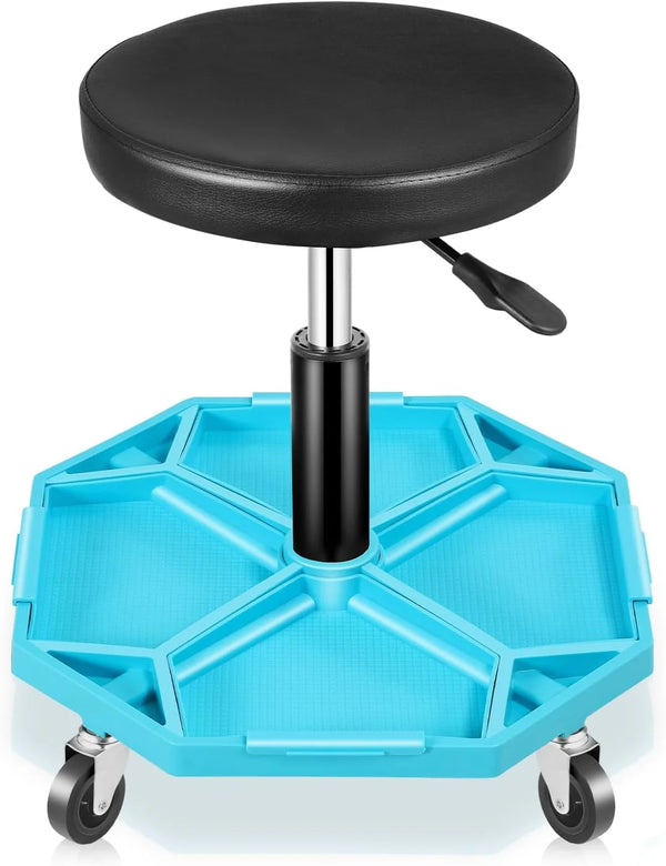 2025 Mechanic Stool, Adjustable Rolling Pneumatic Creeper Garage Shop Seat with Tool Tray, 300 LBS Roller Seat for Workshop Auto Repair, Adjustable Height 15.7" to 21", Black/Blue