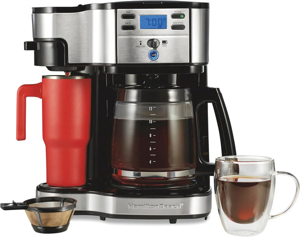2025 Hamilton Beach 2-Way 12 Cup Programmable Drip Coffee Maker & Single Serve Machine, Glass Carafe, Auto Pause and Pour, Black (49980R)