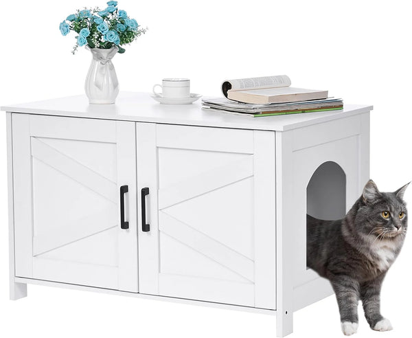 2025 Homhedy Cat Litter Box Enclosure, Wooden Cat Washroom Furniture with Barn Door, Pet House, Fit Most of Litter Box, White
