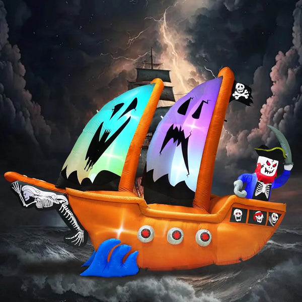 2025 10FT Length Halloween Pirate Ship Inflatable with Pirate, Halloween Decorations Outdoor Inflatable Pirate Ship Built-in 5 LEDs and 4 RGB Lights for Pirate Halloween Decorations Outdoor