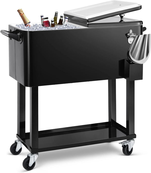 2025 EDOSTORY 80 Quart Rolling Ice Chest Cooler Cart,Patio Backyard Party Drink Beverage Bar Stand Up Cooler Trolley with Ice Scoop