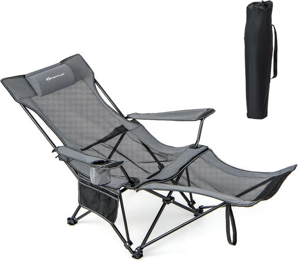 2025 Goplus Reclining Camping Chair with Foot Rest, Folding Lounge Chair for Adults, w/Adjustable Backrest, Storage Bag & Cup Holder, Portable Recliner Beach Chair Outdoor Camp Picnics, 330 LBS (1, Grey)